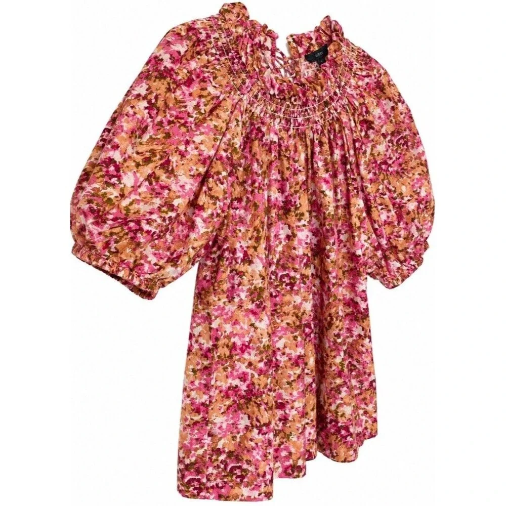 J. Crew Women’s S Pink Floral Blouse Smocked Ruffle Puff Sleeve Cottagecore